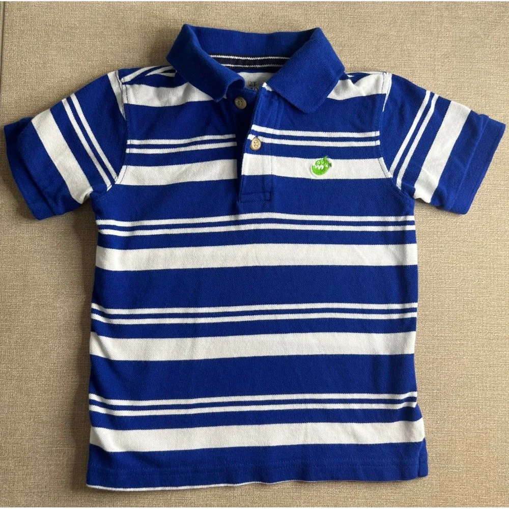 The Childrens Place Boys Blue White Striped Monster Polo Shirt 2T Cotton